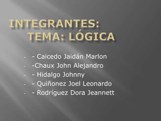 -   - Caicedo Jaidán Marlon
-   -Chaux John Alejandro
-   - Hidalgo Johnny
-   - Quiñonez Joel Leonardo
-   - Rodríguez Dora Jeannett
 