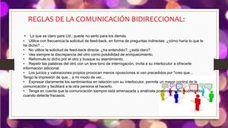 REGLAS DE LA COMUNICACIÓN BIDIRECCIONAL:
• Lo que es claro para Ud., puede no serlo para los demás.
• Utilice con frecuencia la solicitud de feed-back, en forma de preguntas indirectas: ¿cómo haría lo que le
he dicho? ...
• No utilice la solicitud de feed-back directa: ¿ha entendido?, ¿está claro?
• Vea siempre la discrepancia del otro como posibilidad de enriquecimiento.
• Reformule lo dicho por el otro y busque su asentimiento.
• Repetir las palabras del otro con un leve tono de interrogación, invita a su interlocutor a ofrecerle
información adicional.
• Los juicios y valoraciones propios provocan menos oposiciones si van precedidos por "creo que...
Tengo la impresión de que... a mi modo de ver...
• Expresar claramente los sentimientos en relación con su interlocutor, permite un mayor control de la
comunicación y facilitará a la otra persona el hacerlo.
• Tenga en cuenta que la comunicación siempre está amenazada y analícela posteriormente, sobre todo
cuando detecte fracasos.
 