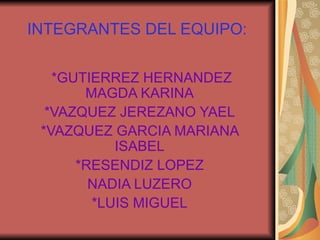 INTEGRANTES DEL EQUIPO: *GUTIERREZ HERNANDEZ MAGDA KARINA *VAZQUEZ JEREZANO YAEL *VAZQUEZ GARCIA MARIANA ISABEL *RESENDIZ LOPEZ NADIA LUZERO *LUIS MIGUEL
