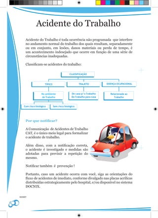 Acidente do Trabalho
    Acidente do Trabalho é toda ocorrência não programada que interfere
    no andamento normal do trabalho dos quais resultam, separadamente
    ou em conjunto, em lesões, danos materiais ou perda de tempo, é
    um acontecimento indesejado que ocorre em função de uma série de
    circunstâncias inadequadas.

    Classificam-se acidentes do trabalho:




                                            t
                 t                   t                        t




    Por que notificar?

    A Comunicação de Acidentes de Trabalho
    CAT, é o único meio legal para formalizar
    o acidente de trabalho.

    Além disso, com a notificação correta,
    o acidente é investigado e medidas são
    adotadas para previnir a repetição do
    mesmo.

    Notificar também é prevenção !

    Portanto, caso um acidente ocorra com você, siga as orientações do
    fluxo de acidentes de imediato, conforme divulgado nas placas acrílicas
    distribuídas estrategicamente pelo hospital, e/ou disponível no sistema
    DOCNIx.

SESMT
 