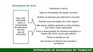 INTEGRAÇÃO DE SEGURANÇA NO TRABALHO
Caso seja
informado
sobre a
necessidade
de abandono
de área
siga as
instruções
Mantenha a calma
Siga as orientações da equipe treinada
Acalme as pessoas que estiverem nervosas
Paralise suas atividades de modo seguro
Não pegue objetos pessoais ou documentos,
sua vida é mais importante
Inicie a desocupação de maneira energética e
rápida não corra, correr gera pânico
Feche as portas ao sair
Use sempre as laterais das escadas e
corredores
Abandono de área
 