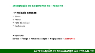 INTEGRAÇÃO DE SEGURANÇA NO TRABALHO
Principais causas
 Stress
 Fadiga
 Falta de atenção
 Negligência
A Equação:
Stress + Fadiga + Falta de atenção + Negligência = ACIDENTE
Integração de Segurança no Trabalho
 