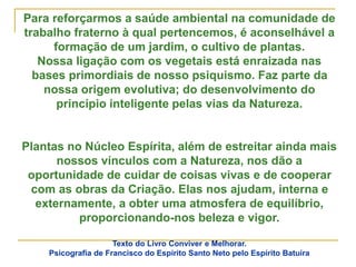 Para reforçarmos a saúde ambiental na comunidade de
trabalho fraterno à qual pertencemos, é aconselhável a
formação de um jardim, o cultivo de plantas.
Nossa ligação com os vegetais está enraizada nas
bases primordiais de nosso psiquismo. Faz parte da
nossa origem evolutiva; do desenvolvimento do
princípio inteligente pelas vias da Natureza.
Plantas no Núcleo Espírita, além de estreitar ainda mais
nossos vínculos com a Natureza, nos dão a
oportunidade de cuidar de coisas vivas e de cooperar
com as obras da Criação. Elas nos ajudam, interna e
externamente, a obter uma atmosfera de equilíbrio,
proporcionando-nos beleza e vigor.
Texto do Livro Conviver e Melhorar.
Psicografia de Francisco do Espírito Santo Neto pelo Espírito Batuíra
 
