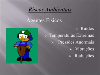  Ruídos
 Temperaturas Extremas
 Pressões Anormais
 Vibrações
 Radiações
Agentes Físicos
 