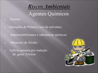  Poeiras
 Operações de Pintura e uso de solventes;
 Impermeabilizantes e substancias químicas
 Manuseio de Álcalis
 Asfixia química por inalação
de gases Tóxicos
Agentes Químicos
 
