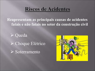 Reapresentam as principais causas de acidentes
fatais e não fatais no setor da construção civil
 Queda
 Choque Elétrico
 Soterramento
 