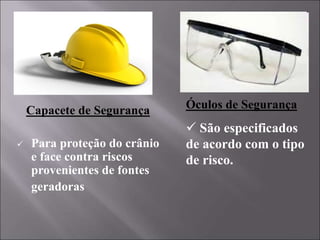 Capacete de Segurança
 Para proteção do crânio
e face contra riscos
provenientes de fontes
geradoras
Óculos de Segurança
 São especificados
de acordo com o tipo
de risco.
 