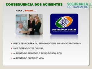 PARA O BRASIL....
 PERDA TEMPORÁRIA OU PERMANENTE DE ELEMENTO PRODUTIVO;
 MAIS DEPENDENTES DO INSS;
 AUMENTO DE IMPOSTOS E TAXAS DE SEGUROS;
 AUMENTO DO CUSTO DE VIDA;
CONSEQUENCIA DOS ACIDENTECONSEQUENCIA DOS ACIDENTESS
 