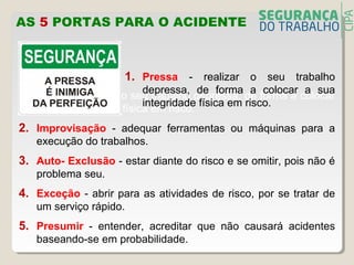 AS 5 PORTAS PARA O ACIDENTE
1. Pressa - realizar o seu trabalho depressa, de forma a colocar
a sua integridade física em risco.
2. Improvisação - adequar ferramentas ou máquinas para a
execução do trabalhos.
3. Auto- Exclusão - estar diante do risco e se omitir, pois não é
problema seu.
4. Exceção - abrir para as atividades de risco, por se tratar de
um serviço rápido.
5. Presumir - entender, acreditar que não causará acidentes
baseando-se em probabilidade.
1. Pressa - realizar o seu trabalho
depressa, de forma a colocar a sua
integridade física em risco.
 
