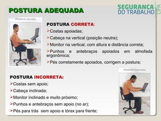 POSTURA ADEQUADAPOSTURA ADEQUADA
POSTURA CORRETA:
Costas apoiadas;
Cabeça na vertical (posição neutra);
Monitor na vertical, com altura e distância correta;
Punhos e antebraços apoiados em almofada
ergonômica;
Pés corretamente apoiados, corrigem a postura;
POSTURA INCORRETA:
Costas sem apoio;
Cabeça inclinada;
Monitor inclinado e muito próximo;
Punhos e antebraços sem apoio (no ar);
Pés para trás sem apoio e tórax para frente;
 