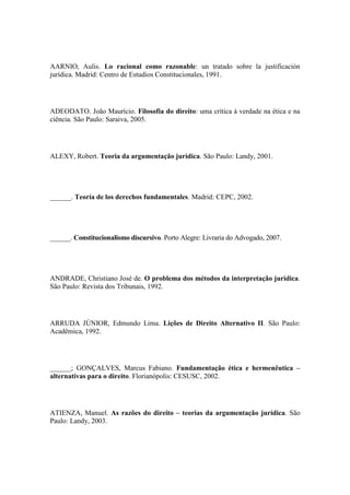 AARNIO, Aulis. Lo racional como razonable: un tratado sobre la justificación
jurídica. Madrid: Centro de Estudios Constitucionales, 1991.

ADEODATO. João Maurício. Filosofia do direito: uma crítica à verdade na ética e na
ciência. São Paulo: Saraiva, 2005.

ALEXY, Robert. Teoria da argumentação jurídica. São Paulo: Landy, 2001.

______. Teoría de los derechos fundamentales. Madrid: CEPC, 2002.

______. Constitucionalismo discursivo. Porto Alegre: Livraria do Advogado, 2007.

ANDRADE, Christiano José de. O problema dos métodos da interpretação jurídica.
São Paulo: Revista dos Tribunais, 1992.

ARRUDA JÚNIOR, Edmundo Lima. Lições de Direito Alternativo II. São Paulo:
Acadêmica, 1992.

______; GONÇALVES, Marcus Fabiano. Fundamentação ética e hermenêutica –
alternativas para o direito. Florianópolis: CESUSC, 2002.

ATIENZA, Manuel. As razões do direito – teorias da argumentação jurídica. São
Paulo: Landy, 2003.

 
