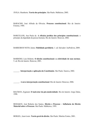 ÁVILA. Humberto. Teoria dos princípios. São Paulo: Malheiros, 2005.

BARACHO, José Alfredo de Oliveira. Processo constitucional. Rio de Janeiro:
Forense, 1984.

BARCELLOS, Ana Paula de. A eficácia jurídica dos princípios constitucionais: o
princípio da dignidade da pessoa humana. Rio de Janeiro: Renovar, 2002.

BARREIROS NETO, Jaime. Fidelidade partidária. 1. ed. Salvador: JusPodivm, 2009.

BARROSO, Luís Roberto. O direito constitucional e a efetividade de suas normas.
5. ed. Rio de Janeiro: Renovar, 2001.

______. Interpretação e aplicação da Constituição. São Paulo: Saraiva, 2002.

______. A nova interpretação constitucional. Rio de Janeiro: Renovar, 2006.

BAUMAN, Zygmunt. O mal-estar da pós-modernidade. Rio de Janeiro: Jorge Zahar,
1998.

BEDAQUE, José Roberto dos Santos. Direito e Processo – Influência do Direito
Material sobre o Processo. São Paulo: Malheiros, 1995.

BERGEL, Jean-Louis. Teoria geral do direito. São Paulo: Martins Fontes, 2001.

 