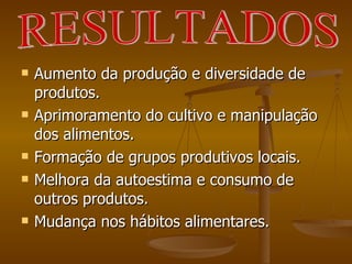 Aumento da produção e diversidade de produtos. Aprimoramento do cultivo e manipulação dos alimentos. Formação de grupos produtivos locais. Melhora da autoestima e consumo de outros produtos. Mudança nos hábitos alimentares. RESULTADOS 