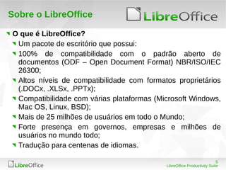 5
LibreOffice Productivity Suite
Sobre o LibreOffice
O que é LibreOffice?
Um pacote de escritório que possui:
100% de compatibilidade com o padrão aberto de
documentos (ODF – Open Document Format) NBR/ISO/IEC
26300;
Altos níveis de compatibilidade com formatos proprietários
(.DOCx, .XLSx, .PPTx);
Compatibilidade com várias plataformas (Microsoft Windows,
Mac OS, Linux, BSD);
Mais de 25 milhões de usuários em todo o Mundo;
Forte presença em governos, empresas e milhões de
usuários no mundo todo;
Tradução para centenas de idiomas.
 