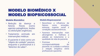 MODELO BIOMÉDICO X
MODELO BIOPSICOSSOCIAL
6
Modelo Biomédico
• Redução da doença a
fatores físicos (como
agentes patogênicos, lesões
ou disfunções orgânicas).
• Tratamento centrado em
intervenções médicas
• O paciente é visto como um
"objeto de cuidado" passivo,
enquanto o profissional é o
"detentor do saber".
Modelo Biopsicossocial
• Reconhece a influência de
fatores como emoções,
estresse, suporte social e
condições socioeconômicas.
• Favorece intervenções mais
abrangentes e melhora a
adesão ao tratamento e a
qualidade de vida do paciente.
• Promove a
corresponsabilidade do
paciente no cuidado e enfatiza
a relação empática entre
profissional e paciente.
 