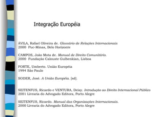 Integração Européia ÁVILA, Rafael Oliveira de.  Glossário de Relações Internacionais 2000  Puc-Minas, Belo Horizonte   CAMPOS, João Mota de.  Manual de Direito Comunitário .  2000  Fundação Calouste Gulbenkian, Lisboa   FORTE, Umberto. União Européia 1994 São Paulo   SODER, José.  A União Européia . [sd].     SEITENFUS, Ricardo e VENTURA, Deisy.  Introdução ao Direito Internacional Público 2001 Livraria do Advogado Editora, Porto Alegre   SEITENFUS, Ricardo.  Manual das Organizações Internacionais .  2000 Livraria do Advogado Editora, Porto Alegre   