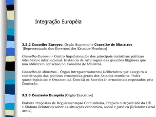 Integração Européia 3.2.2 Conselho Europeu  [Órgão Supremo] e  Conselho de Ministros [Representação dos Governos dos Estados-Membros]  Conselho Europeu  – Centro Impulsionador das principais iniciativas políticas intrabloco  e internacional. Instância de Arbitragem das questões litigiosas que  não obtiveram consenso no  Conselho de Ministros .  Conselho de Ministros  – Órgão Intergovernamental Deliberativo que assegura a  coordenação das políticas econômicas gerais dos Estados-membros. Poder  quase-legislativo e Orçamental. Conclui os Acordos Internacionais negociados pela  Comissão.     3.2.3 Comissão Européia  [Órgão Executivo]   Elabora Propostas de Regulamentação Comunitária, Prepara o Orçamento da UE  e Elabora Relatórios sobre as situações econômica, social e jurídica [Relatório Geral  Anual]  