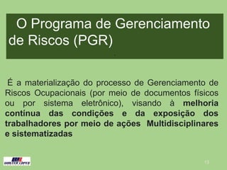 13
O Programa de Gerenciamento
de Riscos (PGR)
.
É a materialização do processo de Gerenciamento de
Riscos Ocupacionais (por meio de documentos físicos
ou por sistema eletrônico), visando à melhoria
contínua das condições e da exposição dos
trabalhadores por meio de ações Multidisciplinares
e sistematizadas
 