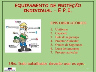 EQUIPAMENTO DE PROTEÇÃO
INDIVIDUAL - E.P.I.
18
EPIS OBRIGATÓRIOS
1. Uniforme
2. Capacete
3. Bota de segurança
4. Protetor Auricular
5. Oculos de Segurança
6. Luva de segurança
7. Protetor auricular
Obs. Todo trabalhador deverão usar os epis.
 