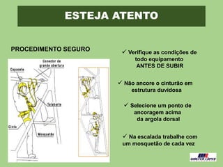 ESTEJA ATENTO
PROCEDIMENTO SEGURO  Verifique as condições de
todo equipamento
ANTES DE SUBIR
 Não ancore o cinturão em
estrutura duvidosa
 Selecione um ponto de
ancoragem acima
da argola dorsal
 Na escalada trabalhe com
um mosquetão de cada vez
 