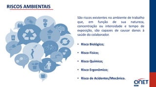 RISCOS AMBIENTAIS
São riscos existentes no ambiente de trabalho
que, em função de sua natureza,
concentração ou intensidade e tempo de
exposição, são capazes de causar danos à
saúde do colaborador.
• Risco Biológico;
• Risco Físico;
• Risco Químico;
• Risco Ergonômico;
• Risco de Acidentes/Mecânico.
 