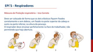 EPI´S - Respiradores
Máscara de Proteção respiratória – Uso Correto
Deve ser colocado de forma que os dois elásticos fiquem fixados
corretamente e sem dobras, um fixado na parte superior da cabeça e
outro na parte inferior, na altura do pescoço.
O respirador deve encaixar perfeitamente na face do trabalhador, não
permitindo que haja abertura.
 