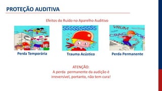 PROTEÇÃO AUDITIVA
Efeitos do Ruído no Aparelho Auditivo
Perda Temporária Trauma Acústico Perda Permanente
ATENÇÃO:
A perda permanente da audição é
irreversível, portanto, não tem cura!
 