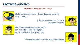 PROTEÇÃO AUDITIVA
Abafadores de Ruído: Uso Correto
Alinhe a altura das conchas de acordo com o tamanho
da sua cabeça.
Retire o excesso de cabelo entre o
abafador e o ouvido.
Certifique-se se vedação é satisfatória,
sem a interferência de armação de
óculos ou elásticos de respiradores.
As conchas devem ficar alinhadas verticalmente.
 