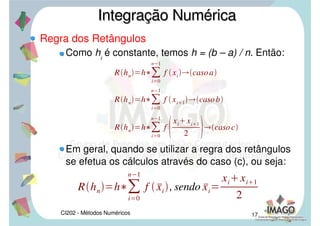 CI202 - Métodos Numéricos 14
Regra dos Retângulos
Em (b) a área de cada retângulo é f(xi+1
)*hi
.
Integração NuméricaIntegração Numérica
 