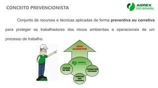 Conjunto de recursos e técnicas aplicadas de forma preventiva ou corretiva
para proteger os trabalhadores dos riscos ambientais e operacionais de um
processo de trabalho.
CONCEITO PREVENCIONISTA
CUIDAR
DE MIM.
ACEITAR
SER
CUIDADO.
CUIDAR DOS
COLEGAS.
ZERO
ACIDENTES!
 