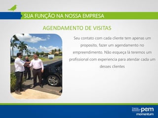 SUA FUNÇÃO NA NOSSA EMPRESA
Seu contato com cada cliente tem apenas um
proposito, fazer um agendamento no
empreendimento. Não esqueça lá teremos um
profissional com experiencia para atendar cada um
desses clientes
AGENDAMENTO DE VISITAS
 