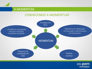 A MOMENTUM
MOMENTUM
Fundada em
1975.
Referência em idealização,
incorporação e administração
de loteamentos.
Realiza
sonhos!
Proporciona
qualidade de
vida!
Excelência na prestação
serviços e soluções
inovadoras de gestão
CONHECENDO A MOMENTUM
 
