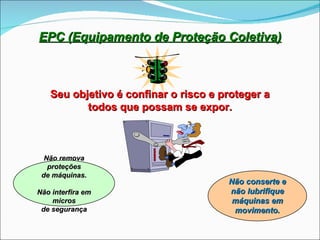 EPC (Equipamento de Proteção Coletiva) Seu objetivo é confinar o risco e proteger a todos que possam se expor. Não remova proteções de máquinas. Não interfira em micros de segurança Não conserte e não lubrifique máquinas em movimento. 