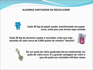ALGUMAS VANTAGENS DA RECICLAGEM Cada 50 Kg de papel usado, transformado em papel  novo, evita que uma árvore seja cortada. Cada 50 Kg de alumínio usado e reciclado, evita que seja  extraído do solo cerca de 5.000 quilos de minério “bauxita”. De um quilo de vidro quebrado faz-se exatamente um  quilo de vidro novo. E a grande vantagem do vidro é  que ele pode ser reciclado infinitas vezes. 