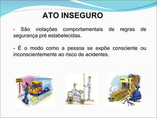 ATO INSEGURO - São violações comportamentais de regras de segurança pré estabelecidas.  - É o modo como a pessoa se expõe consciente ou inconscientemente ao risco de acidentes. 