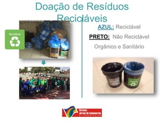 Doação de Resíduos
Recicláveis
AZUL: Reciclável
PRETO: Não Reciclável
Orgânico e Sanitário
 