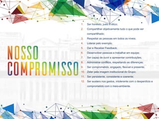 1. Ser honesto, justo e ético;
2. Compartilhar objetivamente tudo o que pode ser
compartilhado;
3. Respeitar as pessoas em todos os níveis;
4. Liderar pelo exemplo;
5. Dar e Receber Feedback;
6. Desenvolver pessoas e trabalhar em equipe;
7. Ser capaz de ouvir e apresentar contribuições;
8. Administrar conflitos, respeitando as diferenças;
9. Ser comprometido, engajado, flexível e presente;
10. Zelar pela imagem institucional do Grupo;
11. Ser persistente, consistente e coerente;
12. Ser austero nos gastos, intolerante com o desperdício e
comprometido com o meio-ambiente.
 