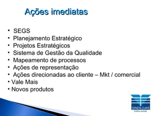 Ações imediatas SEGS Planejamento Estratégico Projetos Estratégicos Sistema de Gestão da Qualidade Mapeamento de processos Ações de representação Ações direcionadas ao cliente – Mkt / comercial  Vale Mais Novos produtos 
