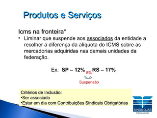 Produtos e Serviços Icms na fronteira* Liminar que suspende aos  associados  da entidade a recolher a diferença da alíquota do ICMS sobre as mercadorias adquiridas nas demais unidades da federação. Ex:  SP – 12%   RS – 17% Critérios de Inclusão: Ser associado Estar em dia com Contribuições Sindicais Obrigatórias 5% Suspensão 