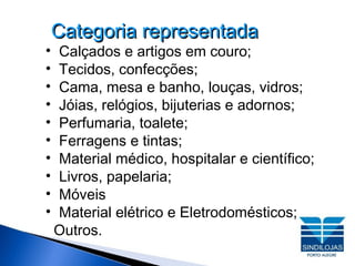Categoria representada Calçados e artigos em couro; Tecidos, confecções; Cama, mesa e banho, louças, vidros; Jóias, relógios, bijuterias e adornos; Perfumaria, toalete; Ferragens e tintas; Material médico, hospitalar e científico; Livros, papelaria; Móveis Material elétrico e Eletrodomésticos; Outros. 