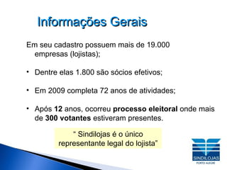 Informações Gerais Em seu cadastro possuem mais de 19.000  empresas (lojistas); Dentre elas 1.800 são sócios efetivos; Em 2009 completa 72 anos de atividades; Após  12  anos, ocorreu  processo eleitoral  onde mais de  300 votantes  estiveram presentes.  “  Sindilojas é o único representante legal do lojista” 
