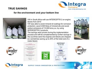 TRUE SAVINGSfor the environment and your bottom lineVW in South Africa will use INTERCEPT® 2 on engine blocks from 2010VW was able to avoid mineral oil coatings for corrosion protection, save 6.000 litres of mineral oils and avoid  carbon emissions of 15.000 tons p.a. by using INTERCEPT® 2 products.The savings were proven during the implementation process and will be complemented by further savings in the countries were the engines and blocks are shipped to ( sometimes saving up to 20% of the total cost of a motor block)