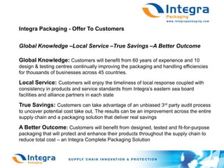 Integra Packaging - Offer To CustomersGlobal Knowledge –Local Service –True Savings –A Better OutcomeGlobal Knowledge: Customers will benefit from 60 years of experience and 10 design & testing centres continually improving the packaging and handling efficiencies for thousands of businesses across 45 countries.Local Service: Customers will enjoy the timeliness of local response coupled with consistency in products and service standards from Integra’s eastern sea board facilities and alliance partners in each stateTrue Savings: Customers can take advantage of an unbiased 3rd party audit process to uncover potential cost take out. The results can be an improvement across the entire supply chain and a packaging solution that deliver real savingsA Better Outcome: Customers will benefit from designed, tested and fit-for-purpose packaging that will protect and enhance their products throughout the supply chain to reduce total cost – an Integra Complete Packaging Solution