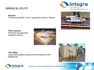 MINING & UTILITYBucyrus A ‘Continuous Miner’ shrink  wrapped for export to SiberiaTerex Jacques Protection for equipmentshipped to GhanaTyco WaterLarge water pipeline components for shipment to theMiddle East