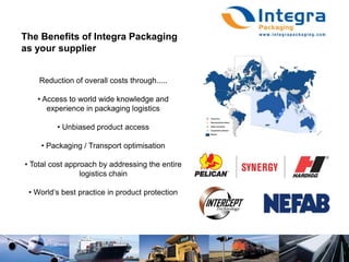 The Benefits of Integra Packaging as your supplierReduction of overall costs through..... Access to world wide knowledge and experience in packaging logistics