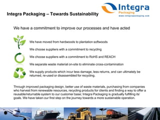 Integra Packaging – Towards SustainabilityWe have a commitment to improve our processes and have acted	We have moved from hardwoods to plantation softwoods 	We choose suppliers with a commitment to recycling 	We choose suppliers with a commitment to RoHS and REACH	We separate waste material on-site to eliminate cross-contaminationWe supply products which incur less damage, less returns, and can ultimately be 	returned, re-used or disassembled for recycling.Through improved packaging design, better use of waste materials, purchasing from companies who harvest from renewable resources, recycling products for clients and finding a way to offer a reusable/returnable system to our customer base; Integra Packaging is gradually fulfilling its’ goals. We have taken our first step on the journey towards a more sustainable operation.