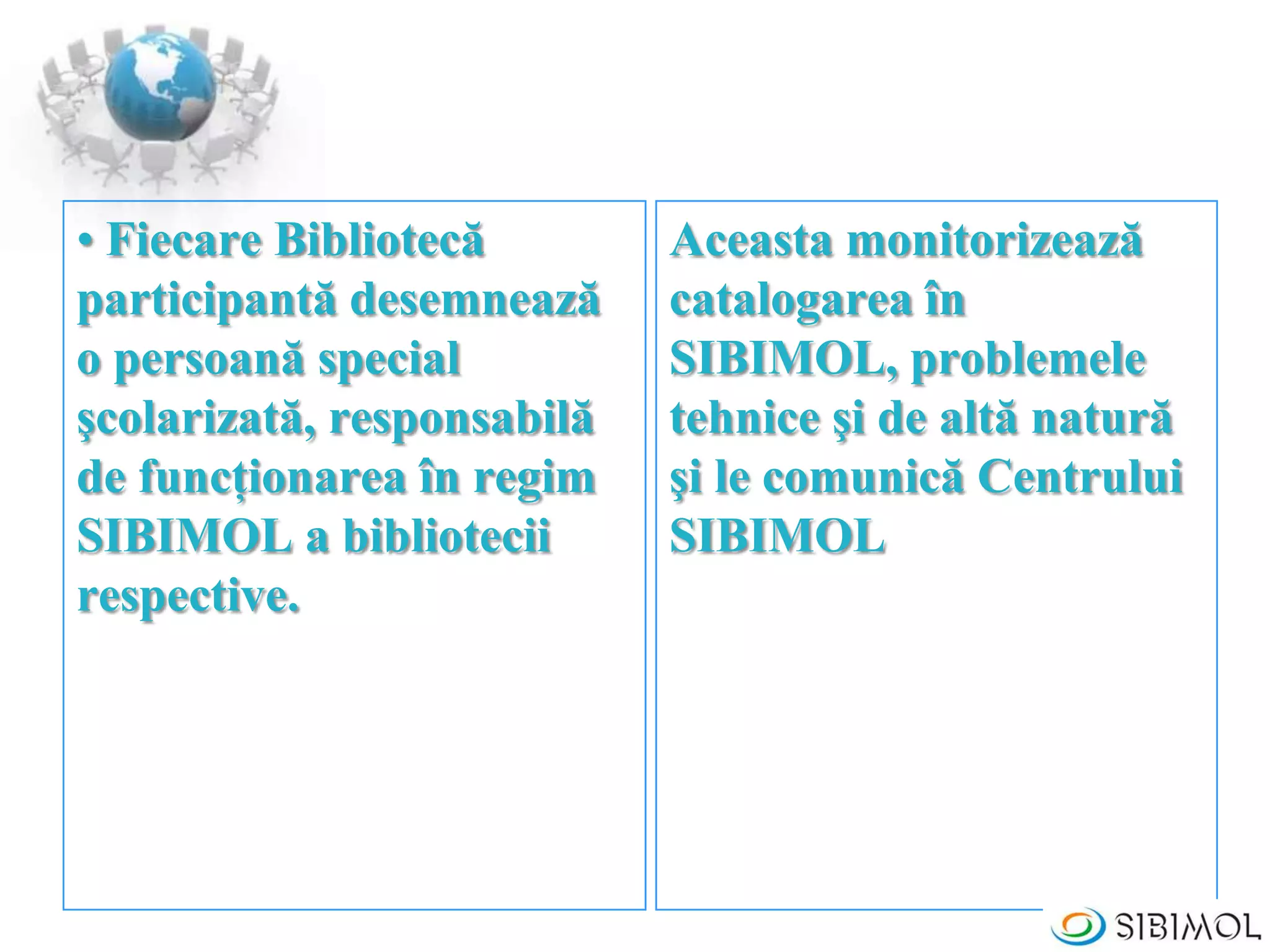 • Fiecare Bibliotecă
participantă desemnează
o persoană special
şcolarizată, responsabilă
de funcţionarea în regim
SIBIMOL a bibliotecii
respective.
Aceasta monitorizează
catalogarea în
SIBIMOL, problemele
tehnice şi de altă natură
şi le comunică Centrului
SIBIMOL
 