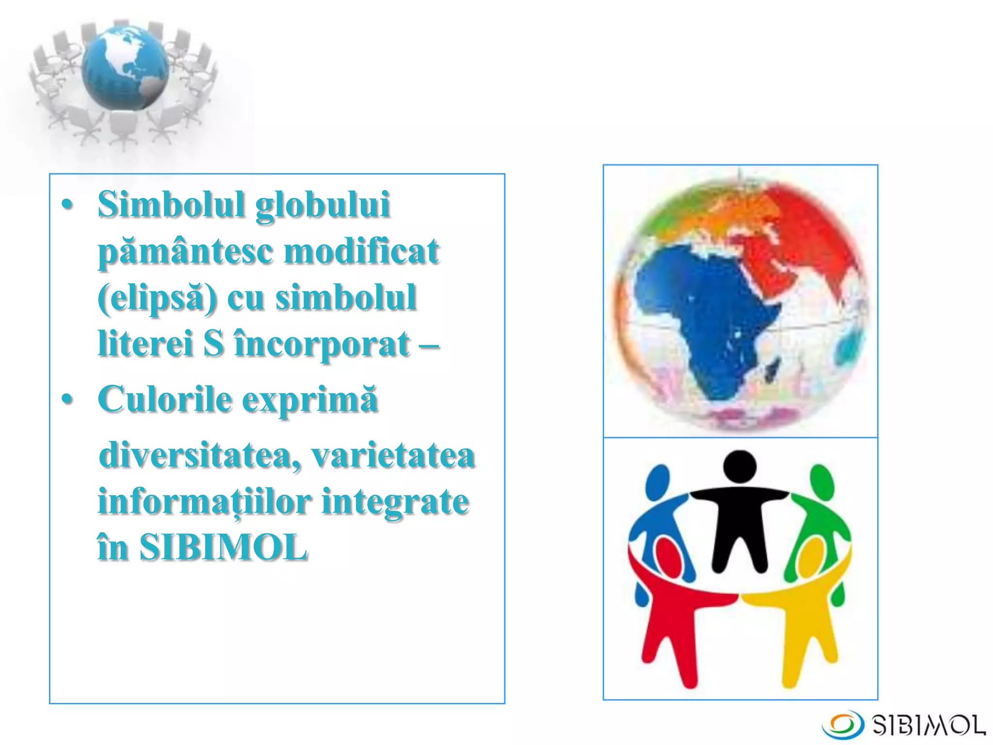 • Simbolul globului
pământesc modificat
(elipsă) cu simbolul
literei S încorporat –
• Culorile exprimă
diversitatea, varietatea
informaţiilor integrate
în SIBIMOL
 