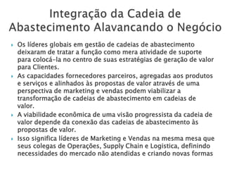    Os líderes globais em gestão de cadeias de abastecimento
    deixaram de tratar a função como mera atividade de suporte
    para colocá-la no centro de suas estratégias de geração de valor
    para Clientes.
   As capacidades fornecedores parceiros, agregadas aos produtos
    e serviços e alinhados às propostas de valor através de uma
    perspectiva de marketing e vendas podem viabilizar a
    transformação de cadeias de abastecimento em cadeias de
    valor.
   A viabilidade econômica de uma visão progressista da cadeia de
    valor depende da conexão das cadeias de abastecimento às
    propostas de valor.
   Isso significa líderes de Marketing e Vendas na mesma mesa que
    seus colegas de Operações, Supply Chain e Logistica, definindo
    necessidades do mercado não atendidas e criando novas formas
 