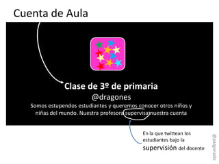 Clase de 3º de primaria
@dragones
Somos estupendos estudiantes y queremos conocer otros niños y
niñas del mundo. Nuestra profesora supervisa nuestra cuenta
Cuenta de Aula
En la que twittean los
estudiantes bajo la
supervisión del docente
@pazgonzalo
 
